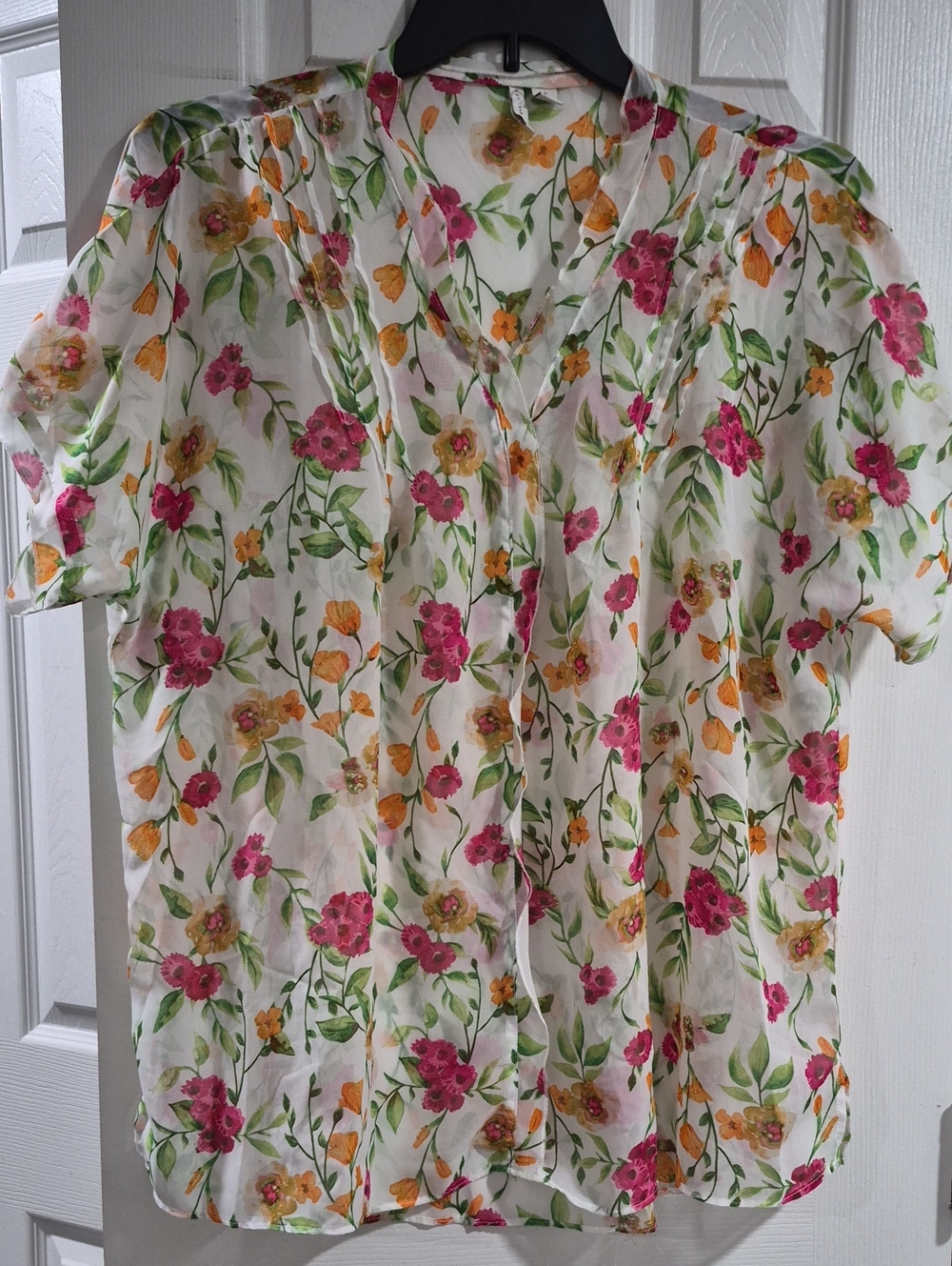 Floral White V-Neck Sheer Blouse with Pink & Yellow Blooms